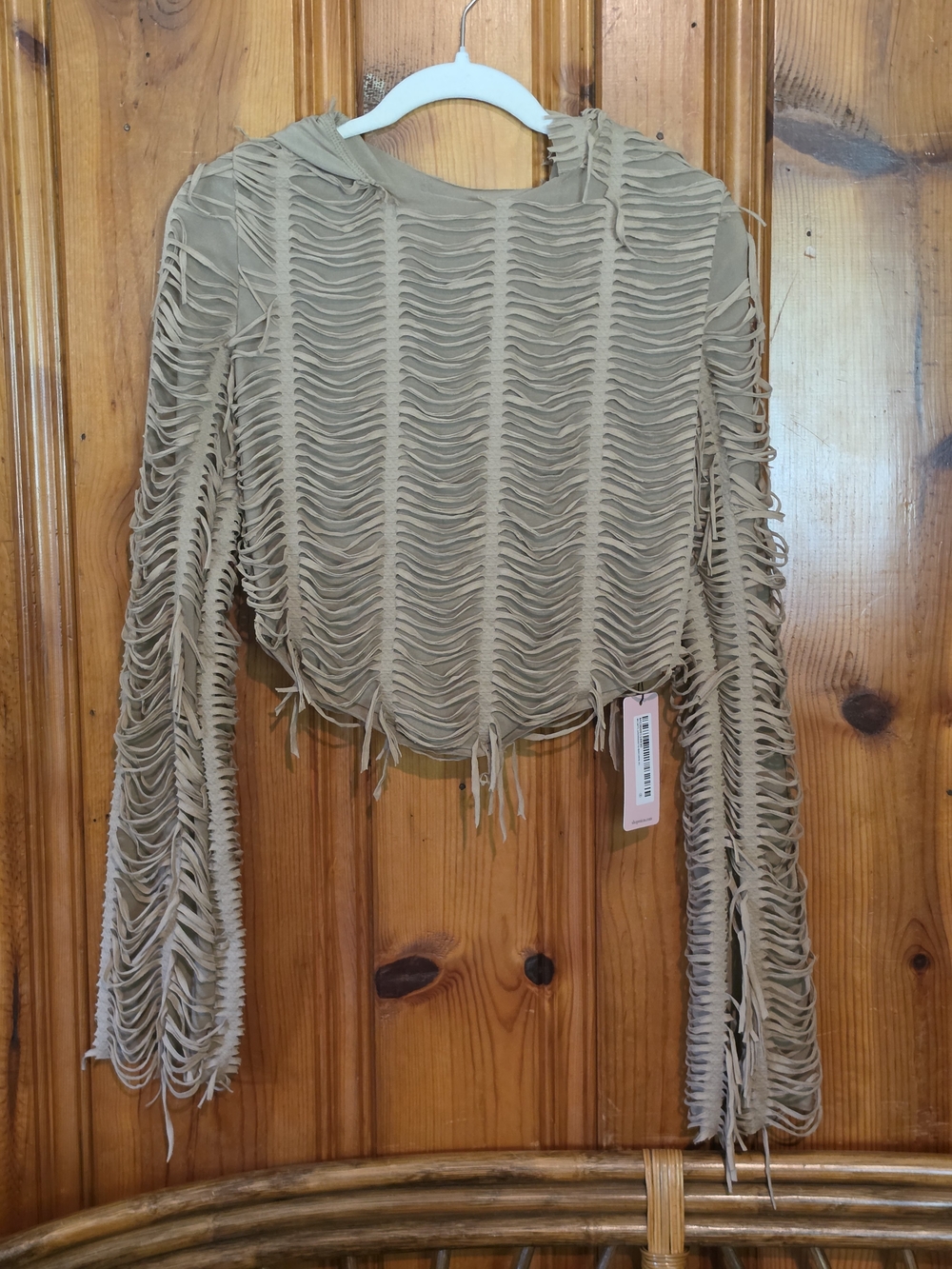 Women's Beige Hooded Fringe Knit Hoodie - Picture 3 of 16